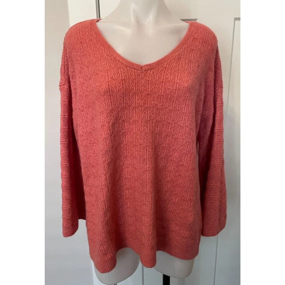 CHICOS Womens SWEATER Long Sleeve PEACH Pointelle V-Neck Size 2 (L)